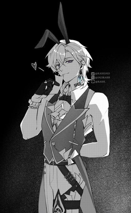 the image is a monochrome digital drawing or fanart depicting a male anime character. he has long, lightcolored hair, is wearing a formal outfit consisting of a tuxedo jacket and waistcoat,  bunny ears, and elegant accessories including earrings. his pose is sophisticated, and he’s giving a stylized hand gesture. the style of the art is reminiscent of anime or manga.  there are also some watermarks visible on the image suggesting an artist's handle.  the overall mood is stylish and slightly mischievous. the character bears a strong resemblance to the character albedo from the game genshin impact.