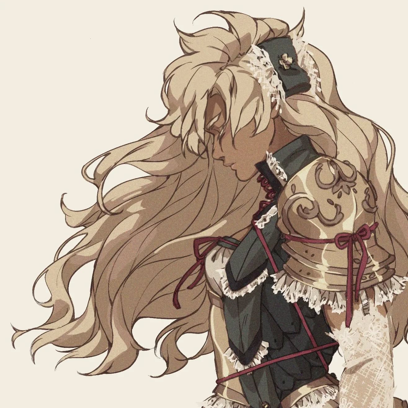 the image is a digital painting or illustration of a female fantasy character.  she has long, flowing blonde hair that is windblown. she's wearing ornate gold armor with intricate detailing, layered over a dark green bodice and a white lacetrimmed dress.  the armor appears to be wellcrafted and features decorative elements. red ribbons are tied around parts of her armor and dress.  her expression is serious and perhaps slightly melancholic. she is presented in a side profile, allowing for a detailed view of her hair, armor, and attire. the overall style is reminiscent of fantasy art, potentially with influences from medieval or historical aesthetics. the background is a simple offwhite or beige, focusing the attention entirely on the character.