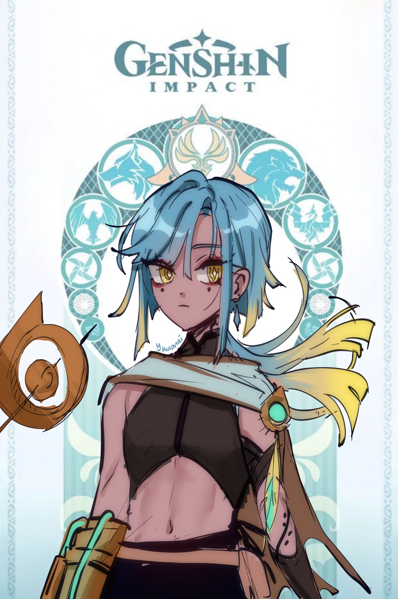 a digital art illustration of a female anime character with blue hair and yellow eyes. she is wearing a black crop top, green and yellow clothing and has a yellow scarf around her neck. the art style is a mix of anime and fantasy, with a vibrant and colorful aesthetic. the character is depicted in a dynamic pose, with her hair flowing behind her. in the background, there is a stylized design inspired by the game genshin impact. the art is of high quality and captures the character's personality and charisma. the illustration is wellcomposed and balanced, with a strong sense of movement and energy.
