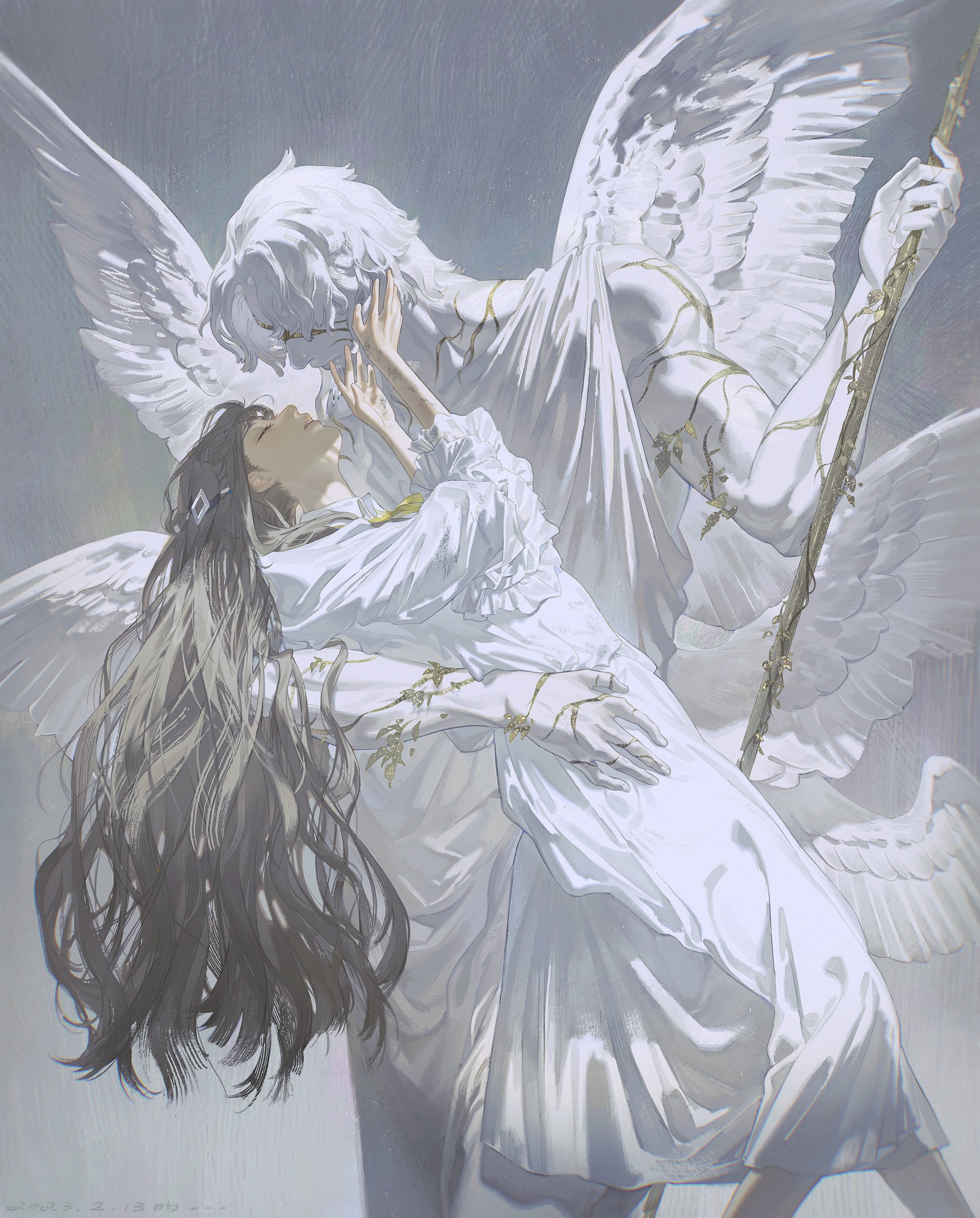 this image is a digital illustration of a romantic scene between two angelic figures. the male angel is in the background, with his wings spread out behind him. he is embracing a female angel, who is dressed in a white flowing gown. the image is bathed in soft, ethereal light, giving it a dreamlike quality. the couple's expressions are gentle and peaceful, suggesting a loving and devoted bond. the overall impression is one of beauty, grace, and tenderness. the intricate detail of the wings, the flowing fabric, and the delicate features of the angels contribute to the dreamy and magical quality of the illustration.  the overall scene evokes a sense of love, devotion, and heavenly beauty.