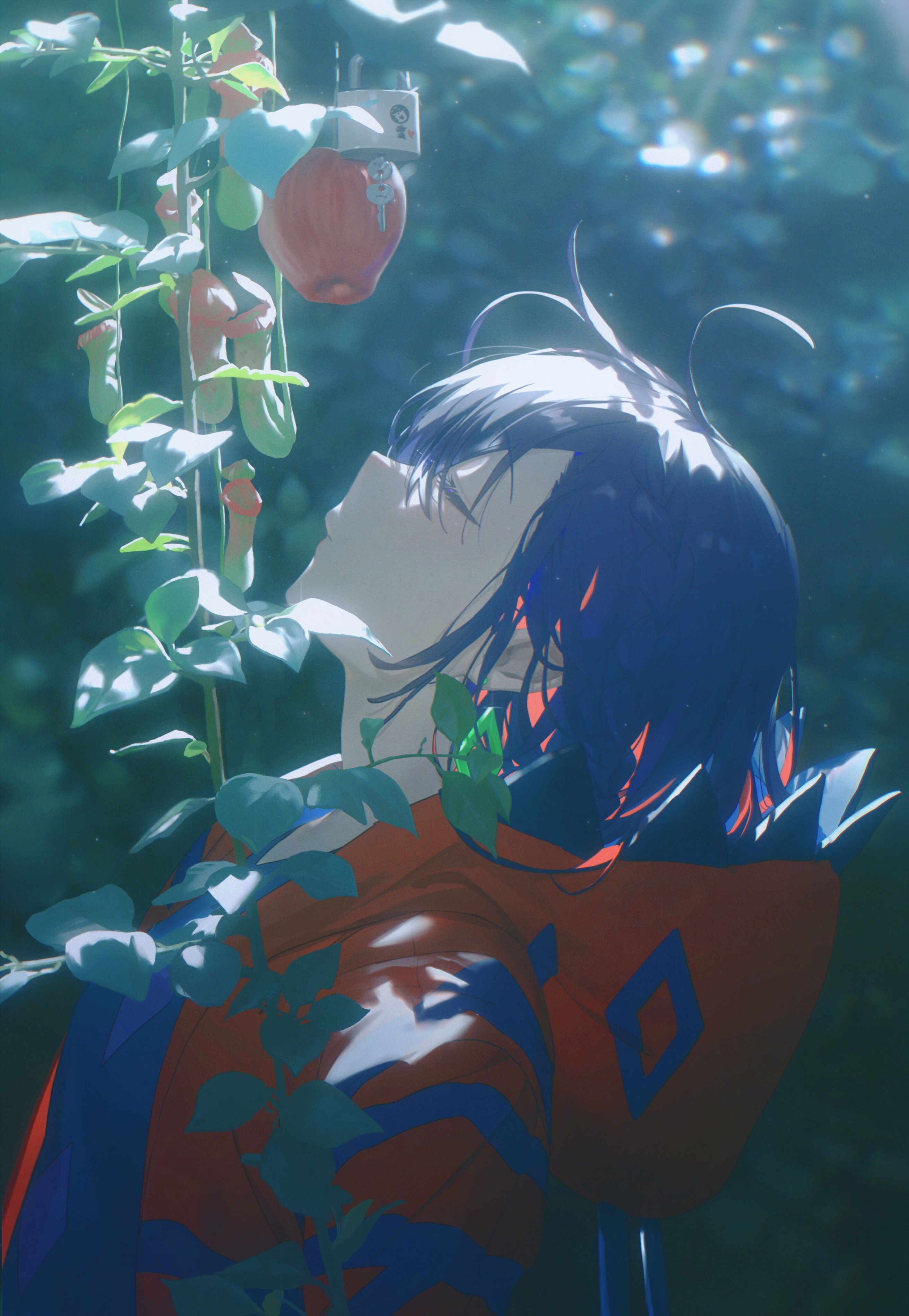 an anime style digital art image showing a person with blue hair looking upwards at an apple hanging from a plant. the apple is locked with a padlock that has a key attached to it. the person is wearing red and blue clothing. the scene is set in a garden.