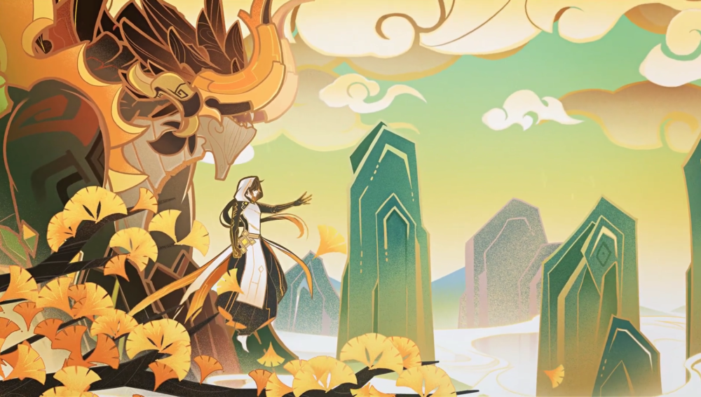 the image is a digital art illustration of an anime girl standing in a fantasy landscape. the girl is dressed in white and black clothing and has a long white scarf. she is standing on a rocky path that leads up to a towering mountain range. the sky is blue and filled with white clouds. the mountains are covered in lush greenery, with trees and flowers growing on the slopes. the image has a magical and ethereal feel.