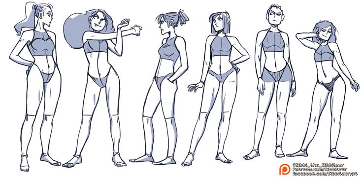 a digital illustration of six women in different poses and clothing. all of them are wearing underwear or bathing suits. they are drawn with thin lines and in a simple style. they are all looking in different directions, creating a dynamic and interesting composition.