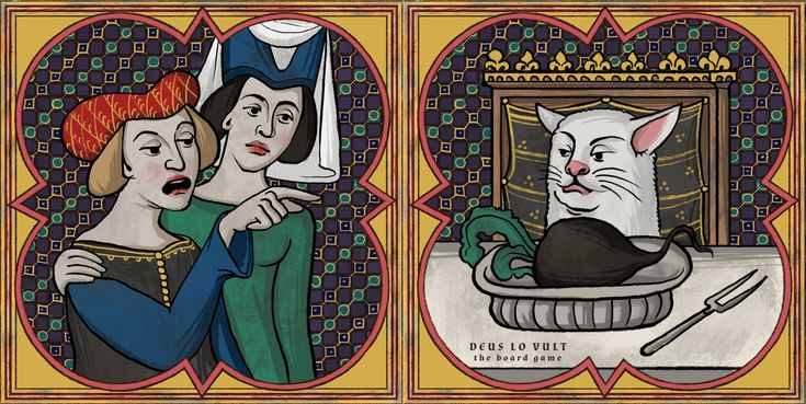 a medieval rendition of the "woman yelling at cat" meme. on the left, a woman in a blue dress and red headdress argues with another woman in a green dress and blue headdress, who is pointing. on the right, a white cat with a displeased expression sits behind a platter with a black roast and a fork. the artwork is styled after medieval paintings, with patterned backgrounds and stylized figures. the text "deus lo vult the board game" is at the bottom of the right panel.