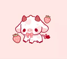 a cute cartoon cow with pink accents and a bow is surrounded by strawberries. the background is light pink.