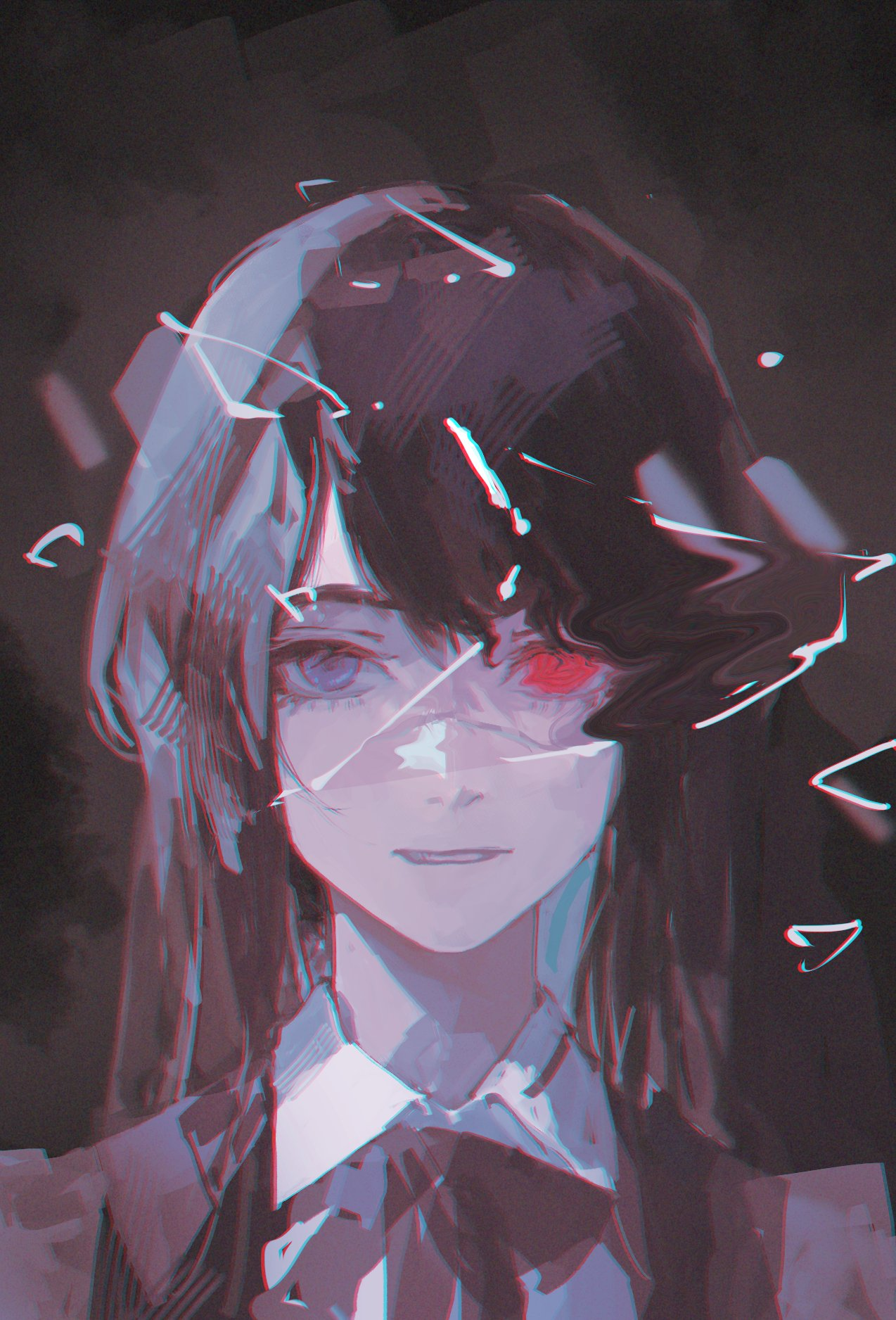 the image presents a portrait of an anime girl with long black hair and piercing blue and red eyes. rendered in a dark and moody color scheme, her features are highlighted by soft lighting, creating a sense of mystery and intrigue. the artwork incorporates a glitch art aesthetic, with digital distortions and fragmented lines adding a layer of visual complexity. the girl's faint smile further enhances the enigmatic aura surrounding her.