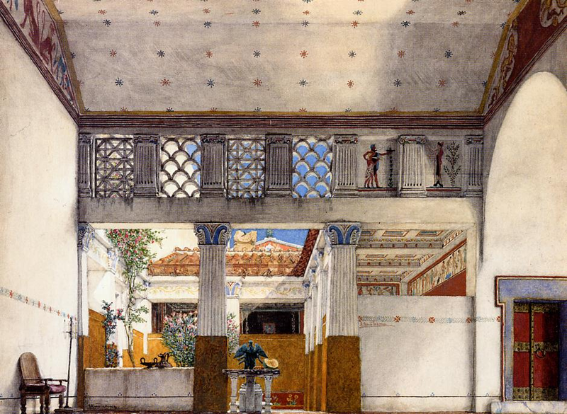 this is a painting depicting an interior space in the style of ancient roman architecture. it features a colonnade leading to a courtyard garden filled with plants and sculptures. the walls are decorated with frescoes and ornaments. a chair and a table with a sculpture are placed within the interior. the ceiling is also ornamented with small decorative motifs. the painting presents the artist's depiction of an ancient roman building with emphasis on the architectural details and decorative elements.