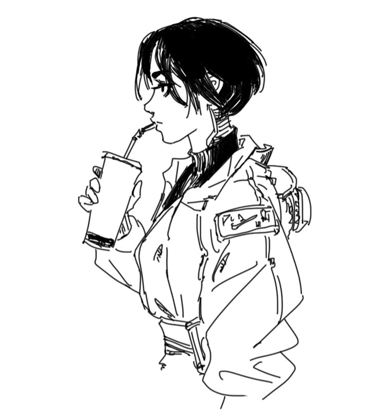 the image is a stylized black and white sketch or drawing of a young woman, possibly an anime or manga character. she is depicted in profile view, from the chest up, and is holding a cup with a straw, appearing to be drinking. she's wearing a casual, loosefitting jacket that looks somewhat like streetwear, with a patch or emblem on the shoulder. the style is loose and expressive, characteristic of quick sketches or concept art.  the character has short, bobbed hair and is portrayed with some sense of attitude or personality. the overall style is minimalist yet evocative.