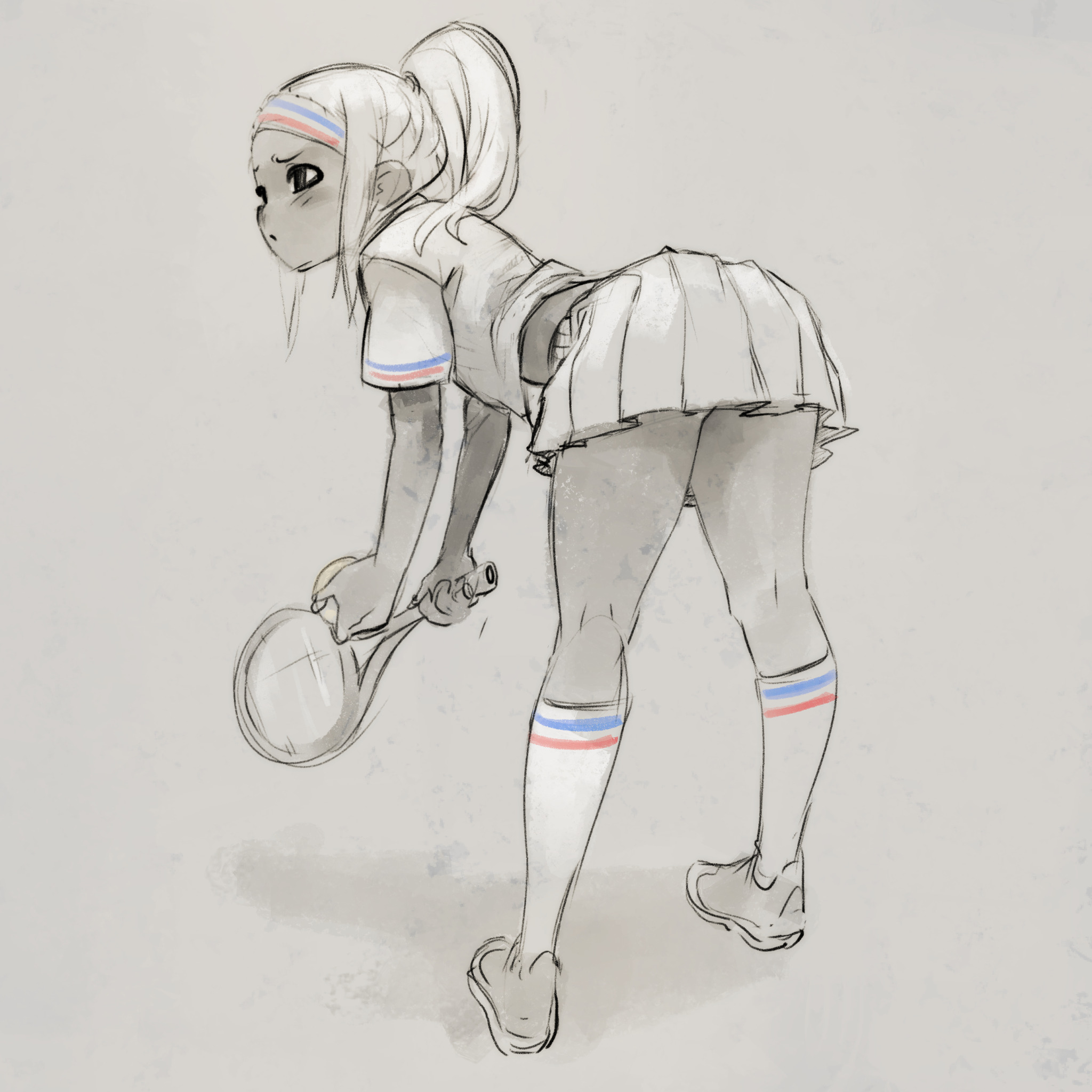 an anime girl dressed in a white skirt and white and blue socks holding a tennis racket while standing in a bentover pose. her short blonde hair has a ponytail and is held in place by a headband. her eyes are dark and she has a light pink blush on her cheeks.  the artwork is drawn in black and white, with a little shading and highlights. it is a digital drawing of a female anime character.