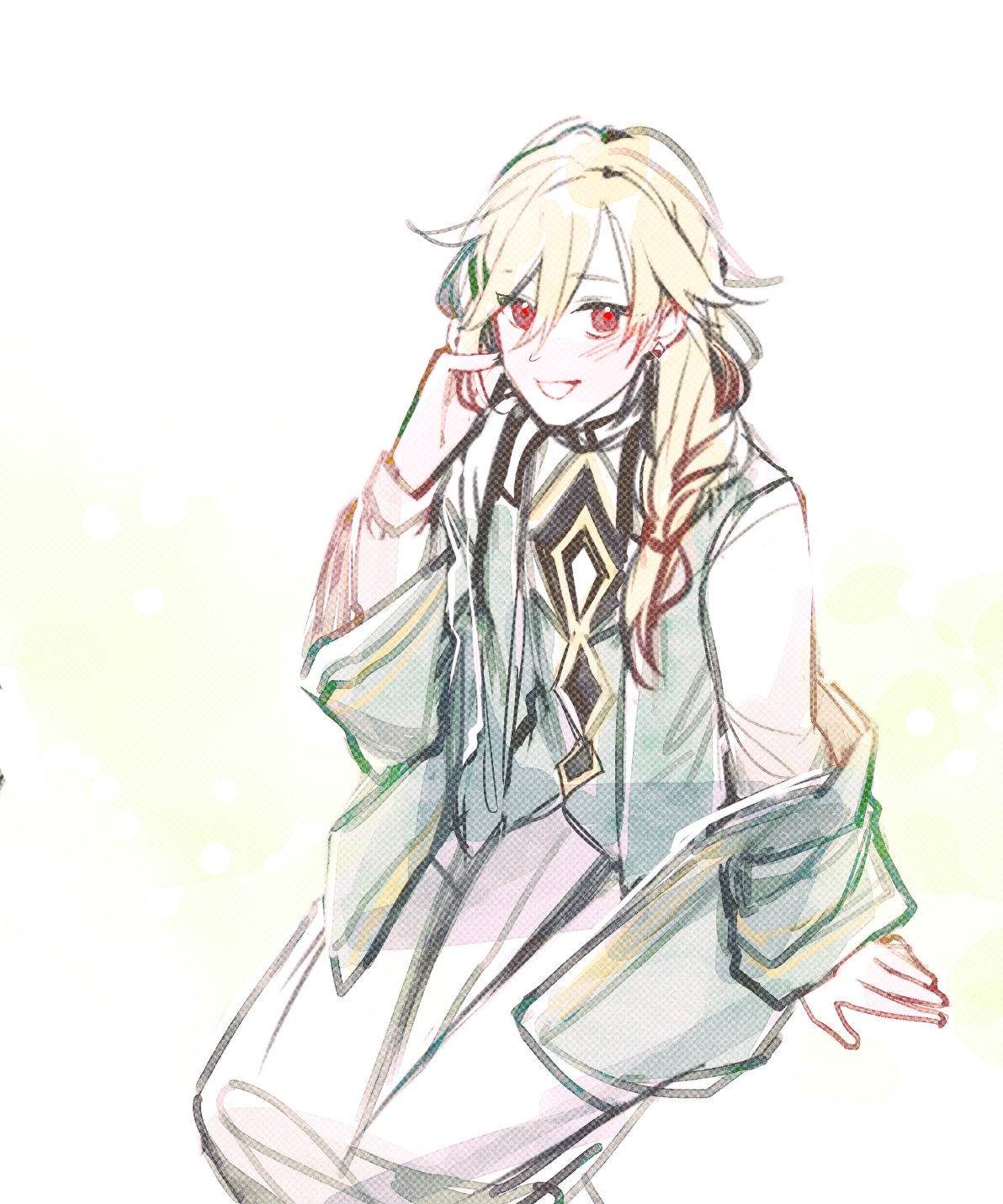 this is a digital drawing of a male anime character. he has blonde hair, red eyes, and is smiling. he is wearing a green jacket with gold accents and a white shirt. he is sitting with his legs crossed. the background is a light green. the art style is light and whimsical.