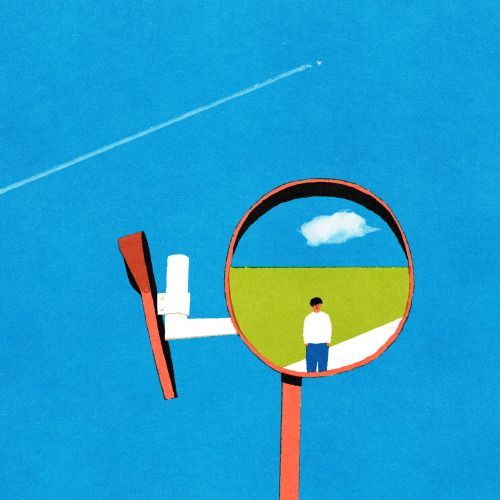 the image shows a man standing in a circular mirror that reflects a green field and blue sky with a single cloud. the mirror is mounted on a red pole and resembles a traffic mirror or security mirror. an airplane with a contrail is visible in the distance, flying high in the blue sky. the man is wearing a white shirt and dark pants, and he is looking away from the viewer, toward the horizon. the style of the image is minimalist and graphic, with flat colors and simplified shapes.