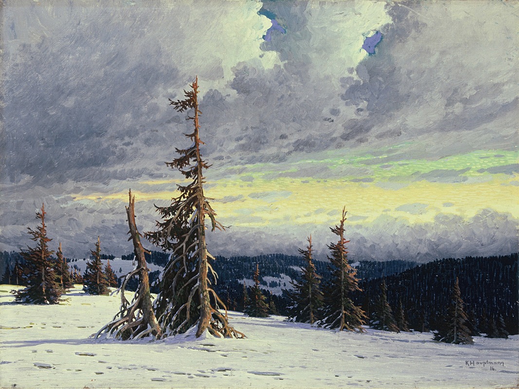 a landscape painting depicting a winter scene with snowcovered ground and scattered trees against a mountainous backdrop. the sky is filled with gray clouds, with patches of sunlight breaking through. a signature is visible in the lower right corner of the painting.