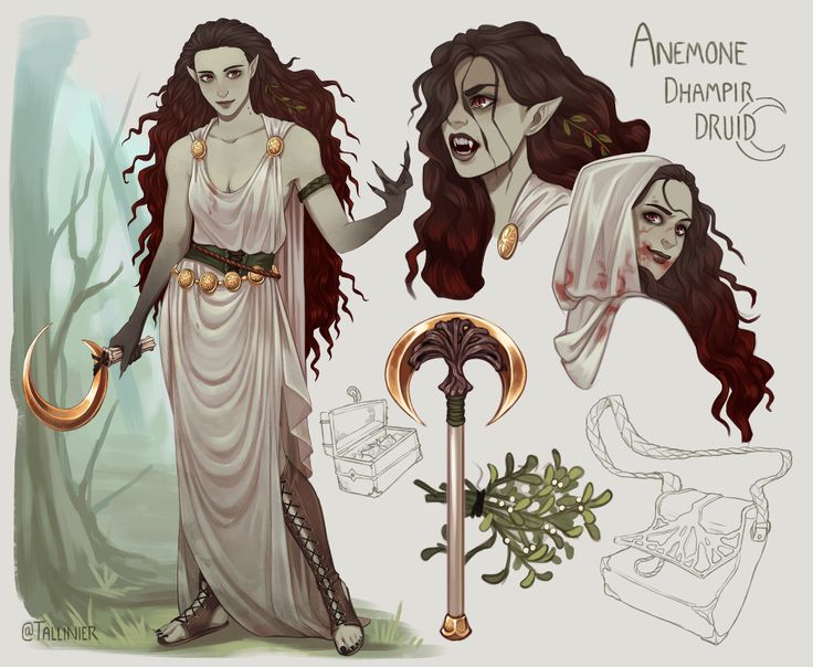 the image is a character sheet for a fantasy character named "anemone," who is described as a dhampir druid.  the sheet features several illustrations: a primary illustration: depicts anemone in a flowing white, ancient greekstyle dress, adorned with gold accents. she possesses long, flowing red hair and holds a crescent moonshaped staff. her expression is calm and serene. secondary illustrations: show alternate views or aspects of anemone, including a more fierce, vampiric expression,  a bloody, hooded figure possibly representing an alternate form or damaged state, and various items that could be part of her attire or possessions (a pouch, a bundle of mistletoe, a golden sicklelike weapon) additional details:  include a small chest, possibly containing her possessions or supplies. the style is reminiscent of fantasy illustration, with a focus on detail and atmospheric coloring. the overall artistic style is painterly and somewhat romantic.