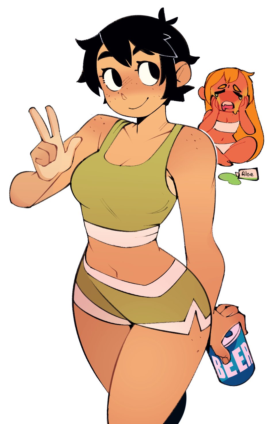 this illustration is drawn in a cartoon style and features a woman in athletic wear. she is standing and smiling, with a peace sign on her left hand. she is holding a can of beer in her right hand. behind her is another woman who is dressed in a swimsuit and has a distressed look on her face. she is covered in green goo and holding a tube of aloe.