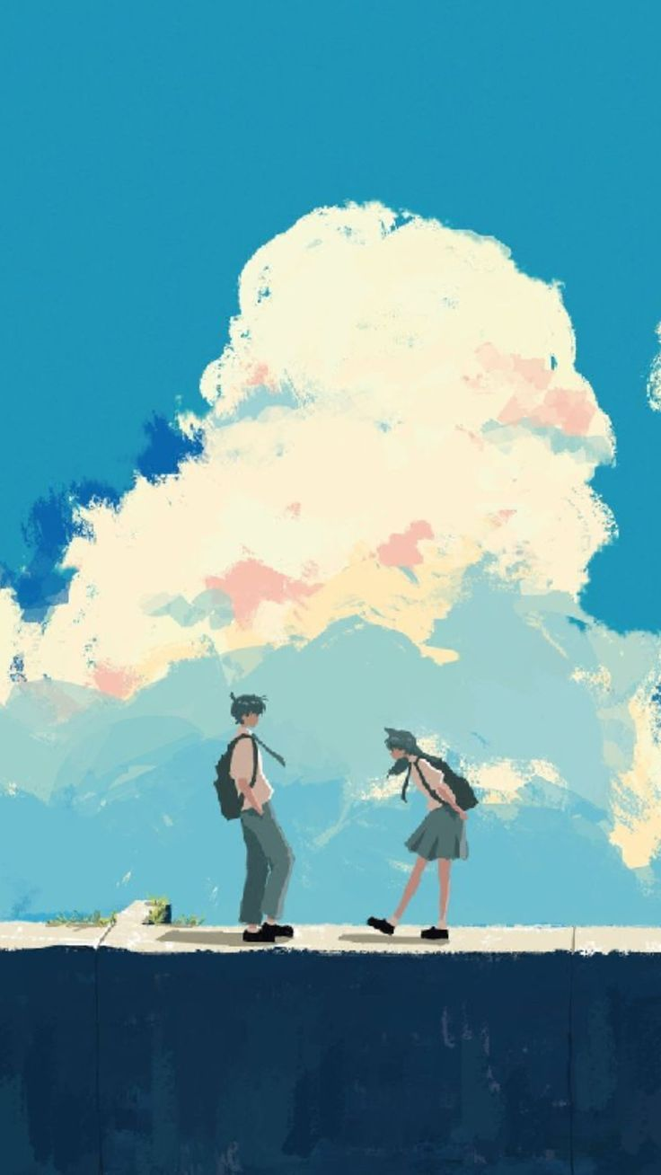 an animestyle digital painting featuring two young individuals, likely teenagers in school uniforms, standing on a ledge against a backdrop of a vibrant blue sky and fluffy white clouds. the male character is on the left, wearing a lightcolored shirt, dark tie, and pants, with a backpack slung over his shoulder. the female character is on the right, wearing a skirt, dark shoes, and a backpack. the overall mood is serene and youthful.