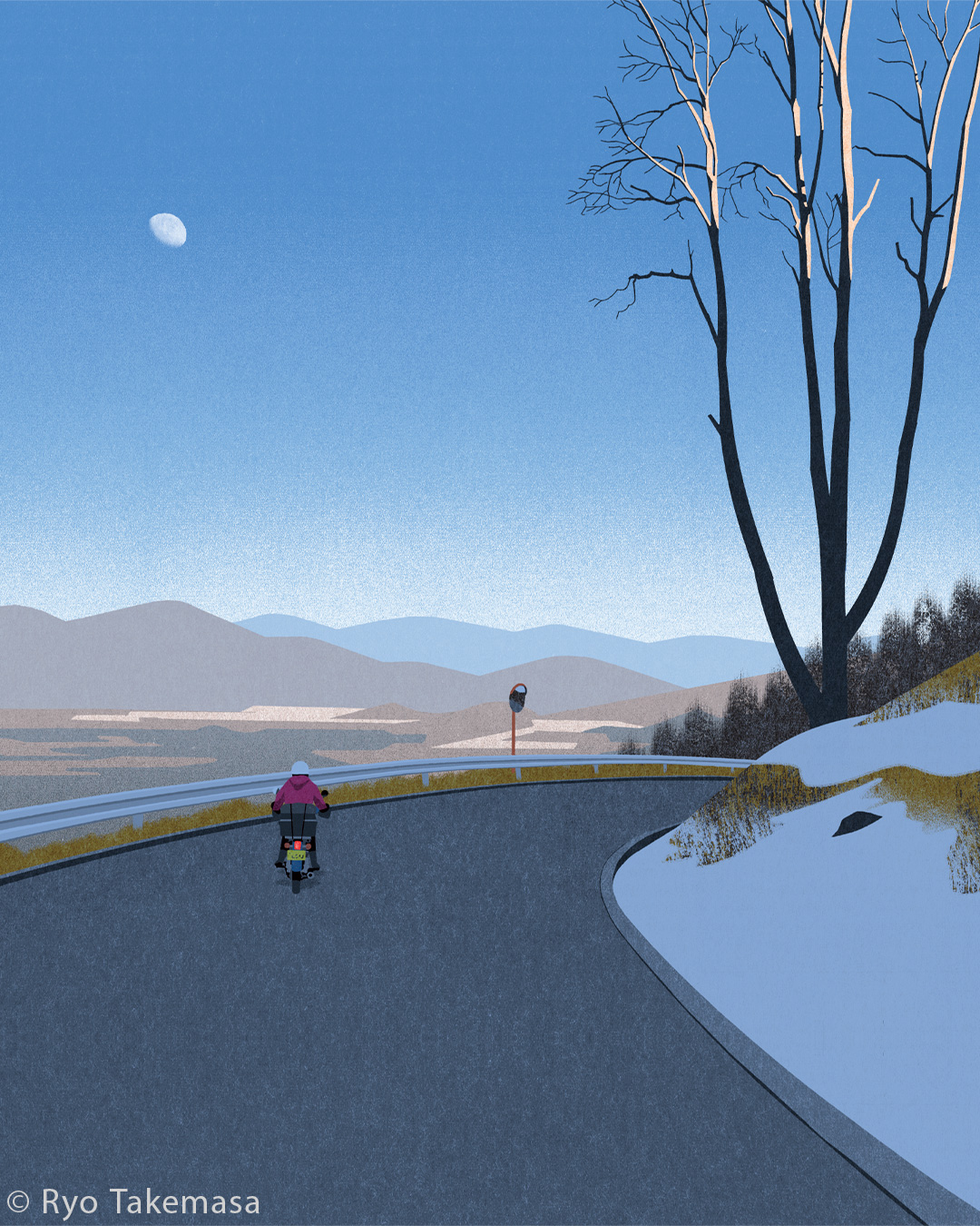 an illustration depicts a person riding a motorcycle on a winding road in a mountainous area. the road is grey, and there is a yellow barrier on the left side. on the right side of the road, there is snow on a grassy hill and a bare tree. in the background, there are grey and blue mountains under a blue sky with a moon.