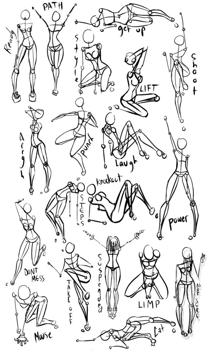 this image shows a collection of stick figure drawings with various poses and labels describing the action or movement each pose suggests. each pose is labelled with words such as "path," "get up," "ready," "shoot," "power," "limp," and "mouse," giving viewers an understanding of the different postures and actions that can be represented. it appears to be a guide or reference for drawing dynamic poses and capturing movement through sketches.