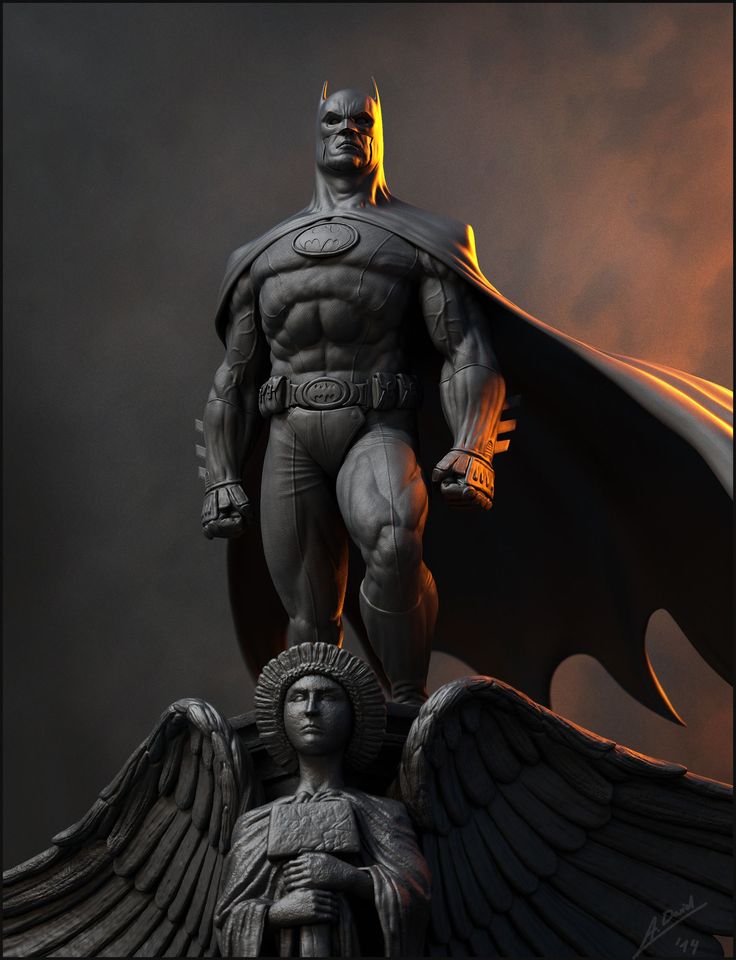 a digitally rendered image of a muscular batman statue standing atop a gothic building, likely a church, with a large angel statue in the foreground. the background is dark and moody with a warm orange glow emanating from behind batman, creating a dramatic silhouette.