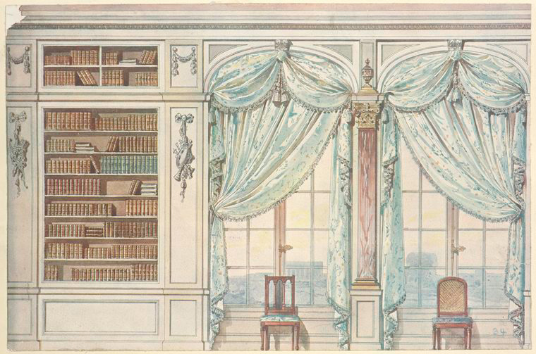 the image is a watercolor painting depicting an interior design scene. it features a wall with a large bookshelf on the left, filled with books of various sizes and colors. to the right of the bookshelf are two tall windows, each framed by elegant light blue curtains with decorative tassels and scalloped edges. a decorative column stands between the windows. two chairs, one wooden and one with a woven back, are placed in front of the windows. the style appears neoclassical, with detailed architectural elements and ornate decorations. the scene is bathed in soft light, suggesting a sunny day outside.