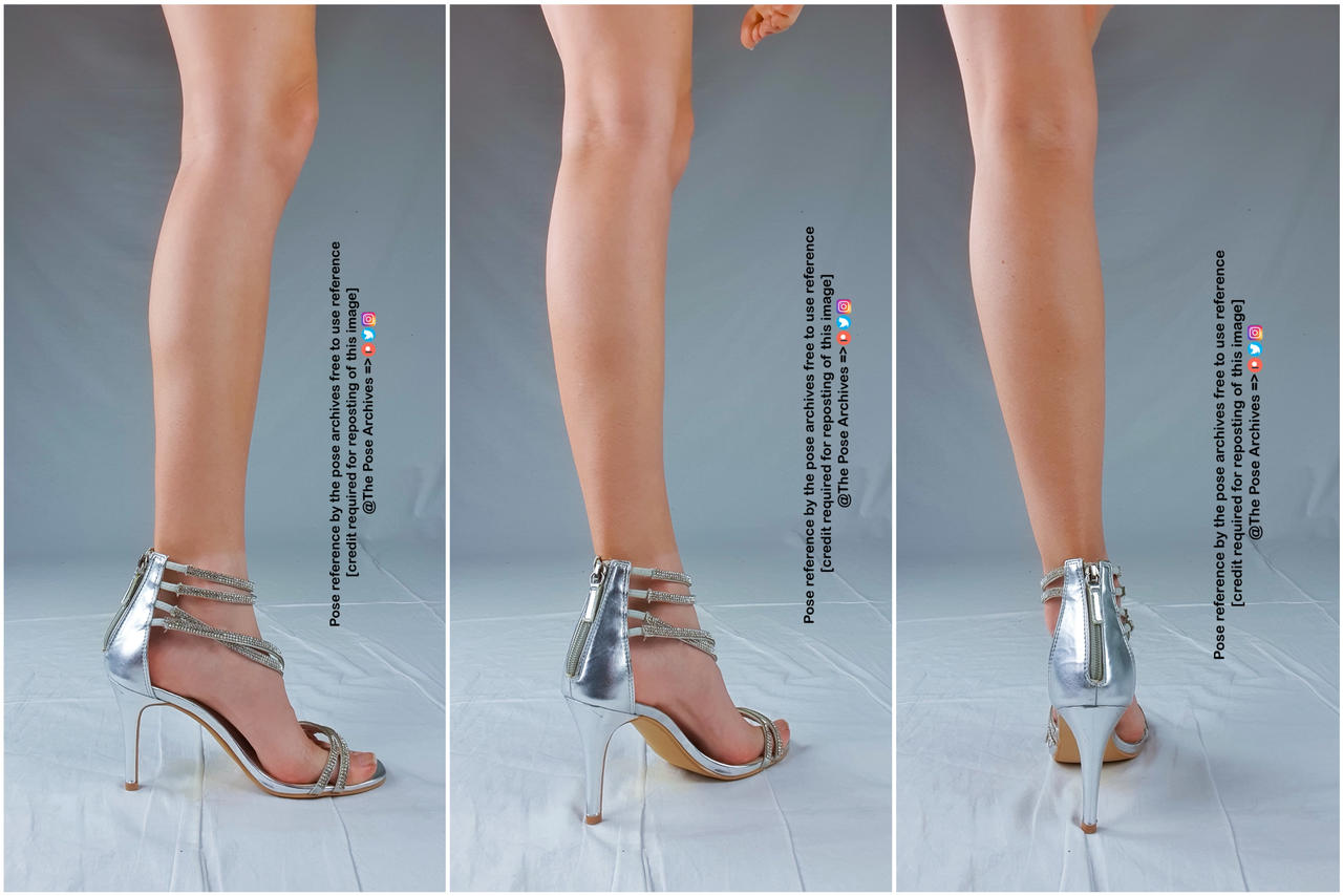 a triptych image showcasing a woman's legs adorned with a pair of silver highheeled sandals. each image presents a different angle and position of the feet, highlighting the details of the footwear. the background is a clean, bright white, characteristic of a studio setting. the images are marked with a watermark indicating they are free reference photos from "the pose archives" with credit required for reposting.