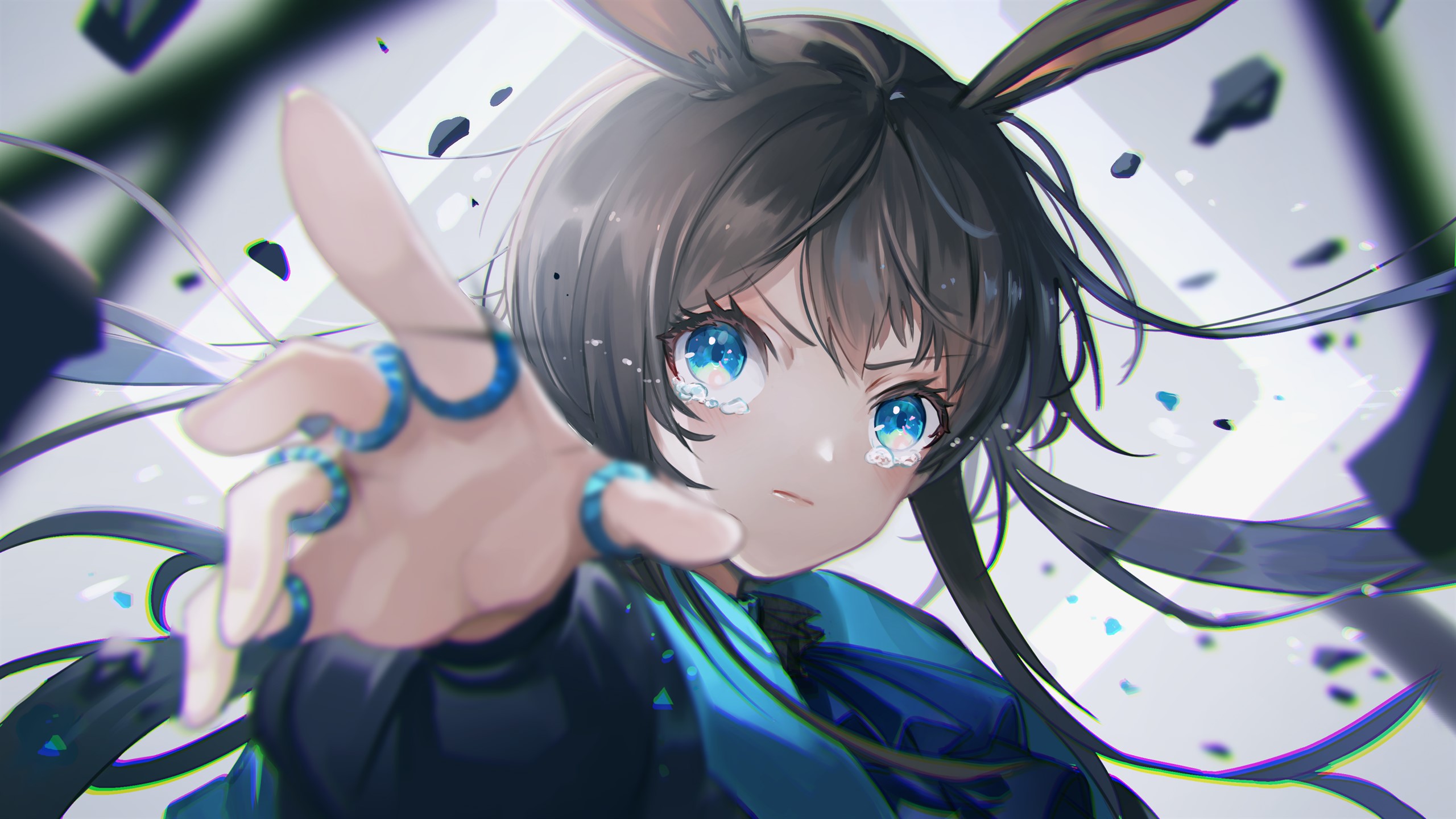the image shows a closeup portrait of an animestyle girl with long brown hair and blue eyes. she's wearing a dark jacket with blue accents and bunny ears on her head. her eyes are filled with tears, and she's reaching out her hand towards the viewer. the background is blurry with dark and light shades and hints of geometric shapes. the overall style of the art is vibrant and detailed, creating a dramatic and emotional mood.