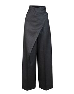 a pair of stylish black high waisted wideleg pants. the pants feature a wrap detail at the front and are made of a thick, formal fabric. the pants would be perfect for a special occasion or night out.
