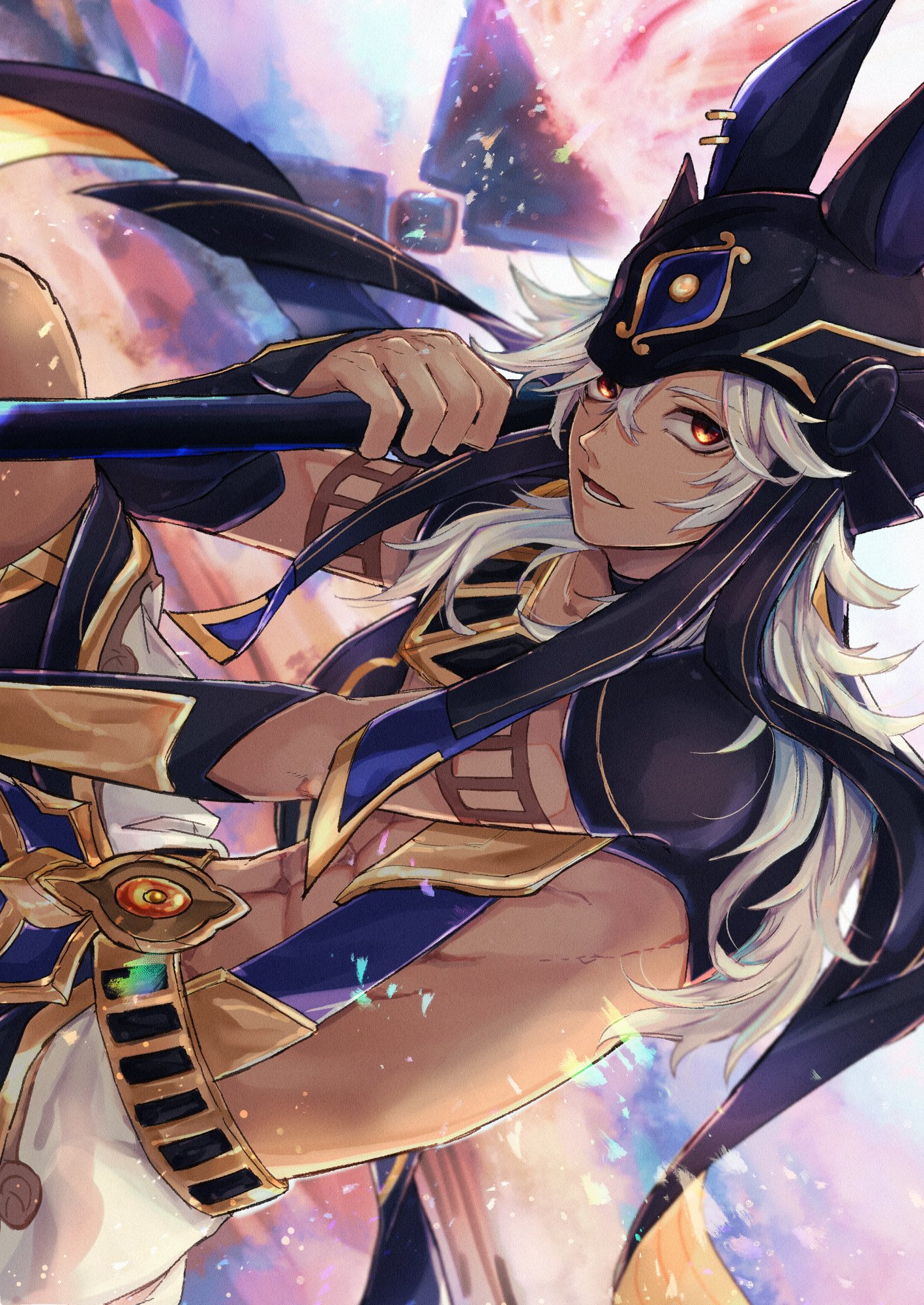 the image is a digital art illustration of an anime boy in a fantasy setting. the character is a god or deity from the egyptian pantheon, likely representing the pharaoh. he is dressed in traditional clothing with blue and gold tones, his hair is white and he is wearing a head band adorned with a golden cobra symbol. he is wielding a staff or spear as a weapon. he is positioned against a colourful background with abstract shapes, lines, and patterns. the image has a dynamic and actionfilled pose, with the character reaching out as if in battle.  the overall aesthetic is vibrant and colorful with hints of purple, white, and pink.