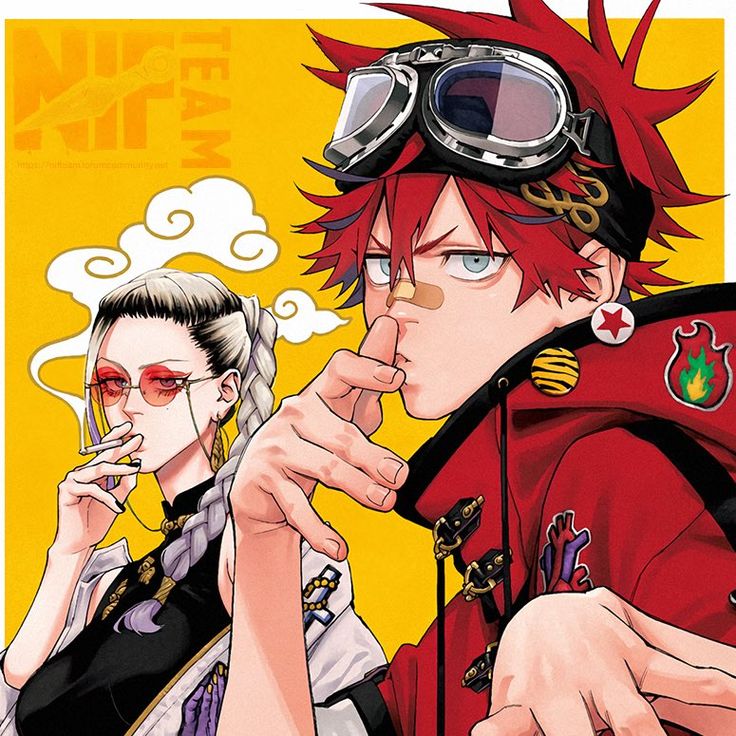 the image is a vibrant illustration, likely from a manga or anime, featuring two stylish characters against a bright yellow background.  the main focus is a male character with spiky red hair, aviator goggles, and a red and black streetwear outfit adorned with patches.  he has a bandage on his nose and is striking a confident pose.  beside him is a woman with pale skin, long braided grey hair, redtinted glasses, and a more elegant, yet still edgy, black and white outfit. she is smoking a cigarette.  the background includes stylized smoke clouds and a large logo that prominently features "nig" and "team", suggesting a group affiliation or series title. the overall style is bold and expressive, utilizing strong lines, vibrant colors, and distinct character designs to convey a sense of cool, streetstyle attitude.