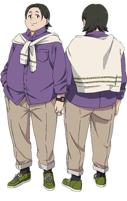 a heavyset anime character with short black hair and tan skin, wearing a purple buttondown shirt, white scarf, beige pants, and green shoes. the illustration shows two views of the same character: a front view and a 3/4 view. the background is plain white, and the lighting is soft, creating a neutral and approachable feel.