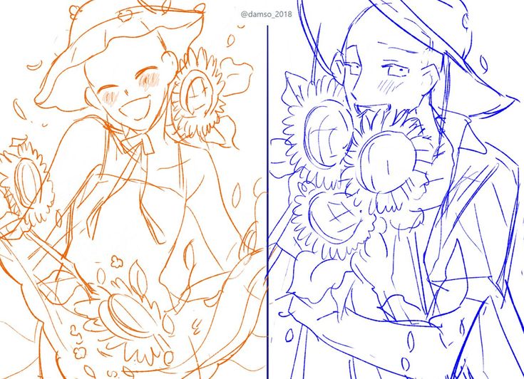 the image is a sketch of a cute cartoon couple, with the girl on the left and the boy on the right. the girl is wearing a wide brimmed hat, and is holding a sunflower in her hand. the boy is wearing a hat and holding a bouquet of sunflowers.  they are both smiling and look to be very much in love. the drawing is very simple and uses a limited color palette. however, it is still very sweet and adorable.