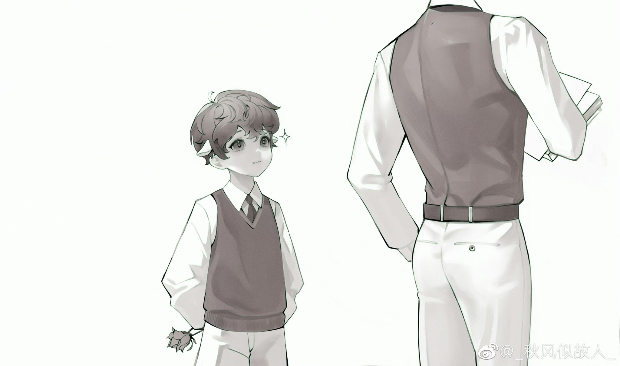 two boys stand in a relationship setting.  the boy on the left is blushing and looks at the boy on the right with love in his eyes. the boy on the right is casually looking forward, dressed in a suit vest and pants,  carrying a book.  the boy on the left is dressed in a vest and pants, and holding a small rose.  the picture has a light and playful style.