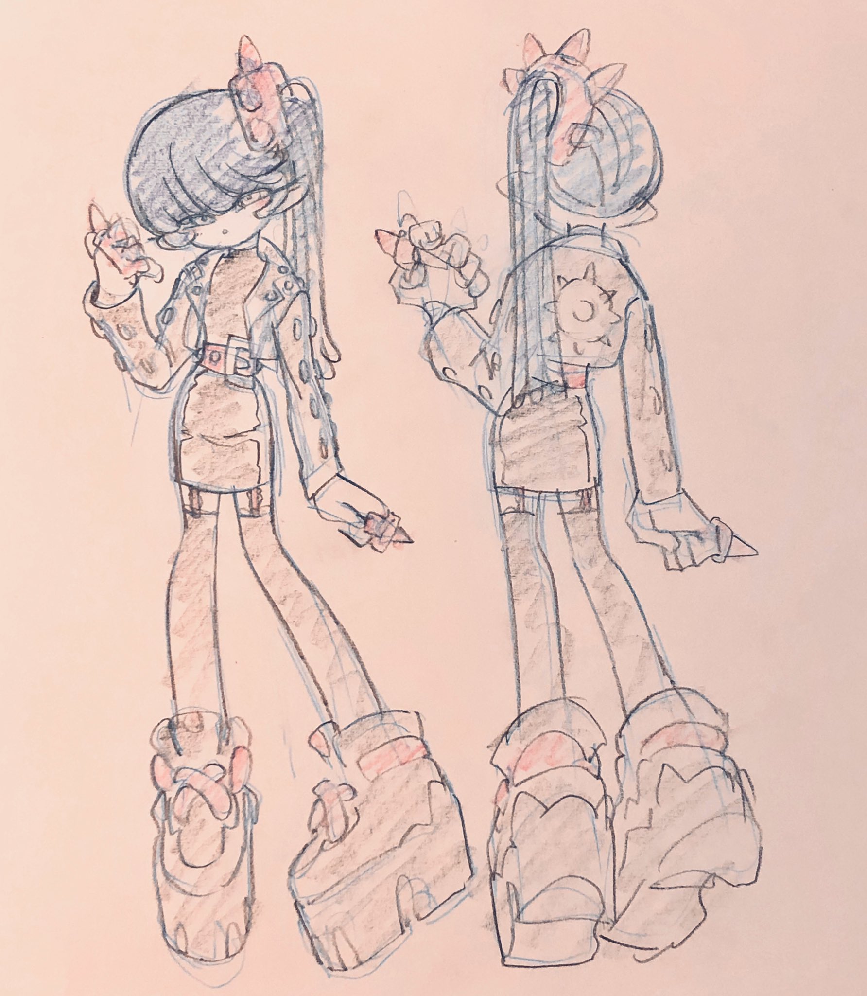 a fashion design sketch shows a young woman wearing a stylish outfit from both the front and back. she's dressed in a trendy ensemble featuring a jacket, skirt, and a pair of chunky platform boots.