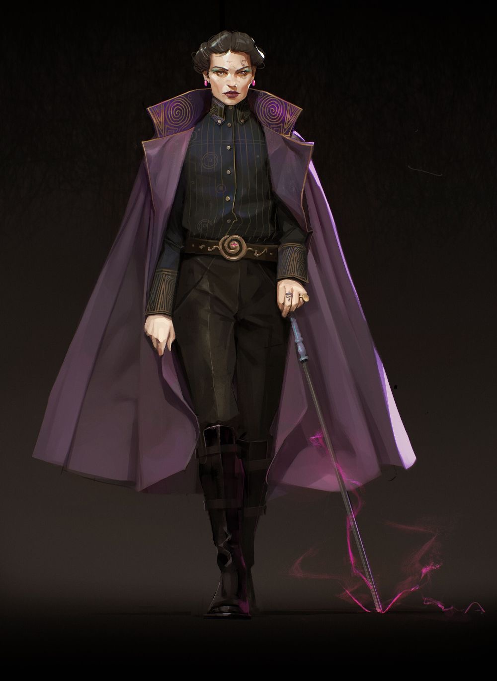 an illustration of a woman with a long purple cape walking towards the viewer. she is holding a staff, and her hand is emitting magic. the woman has a stern expression, and she appears to be a powerful sorceress. the background is dark.