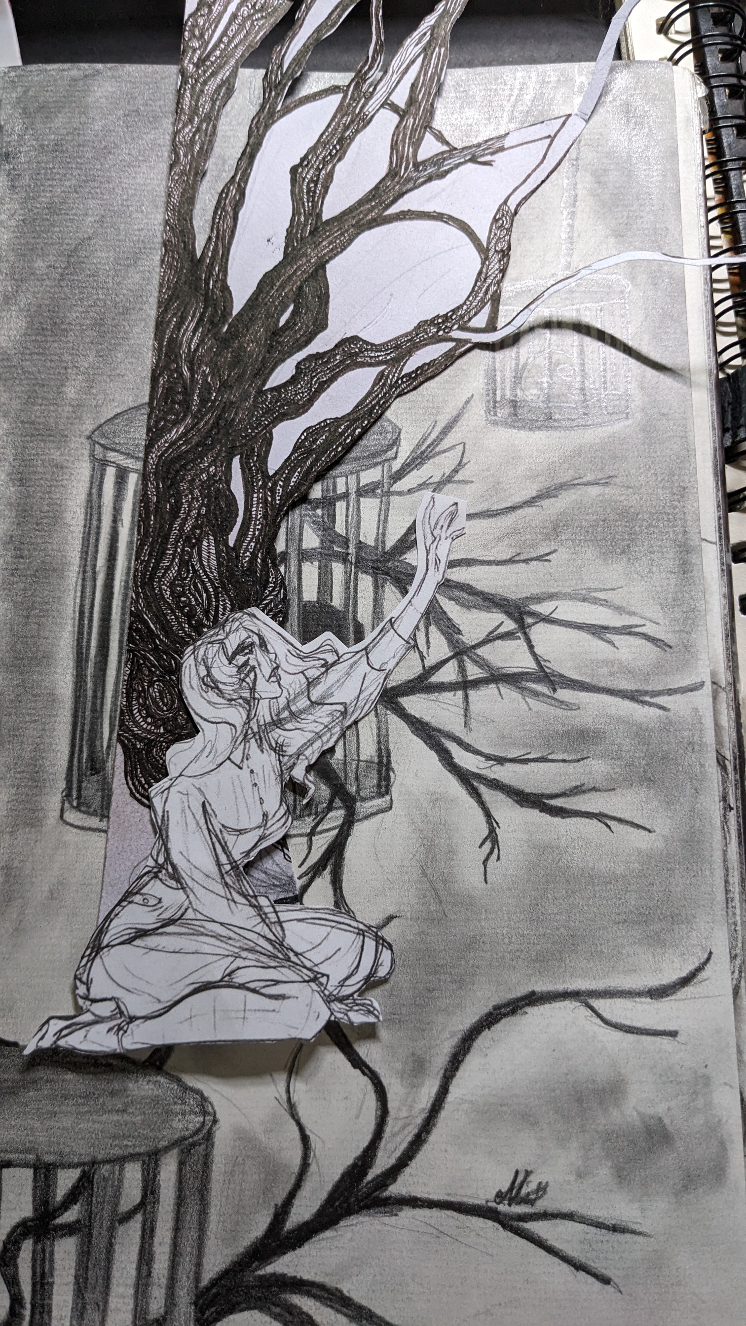 a black and white drawing of a woman trapped in a cage, reaching out for freedom. the drawing is done in pencil and charcoal, with a focus on detail and texture. the woman is depicted as being alone and vulnerable, while the cage is symbolic of her imprisonment. the tree branches surrounding her represent both the constraints of her situation and the possibility of escape.