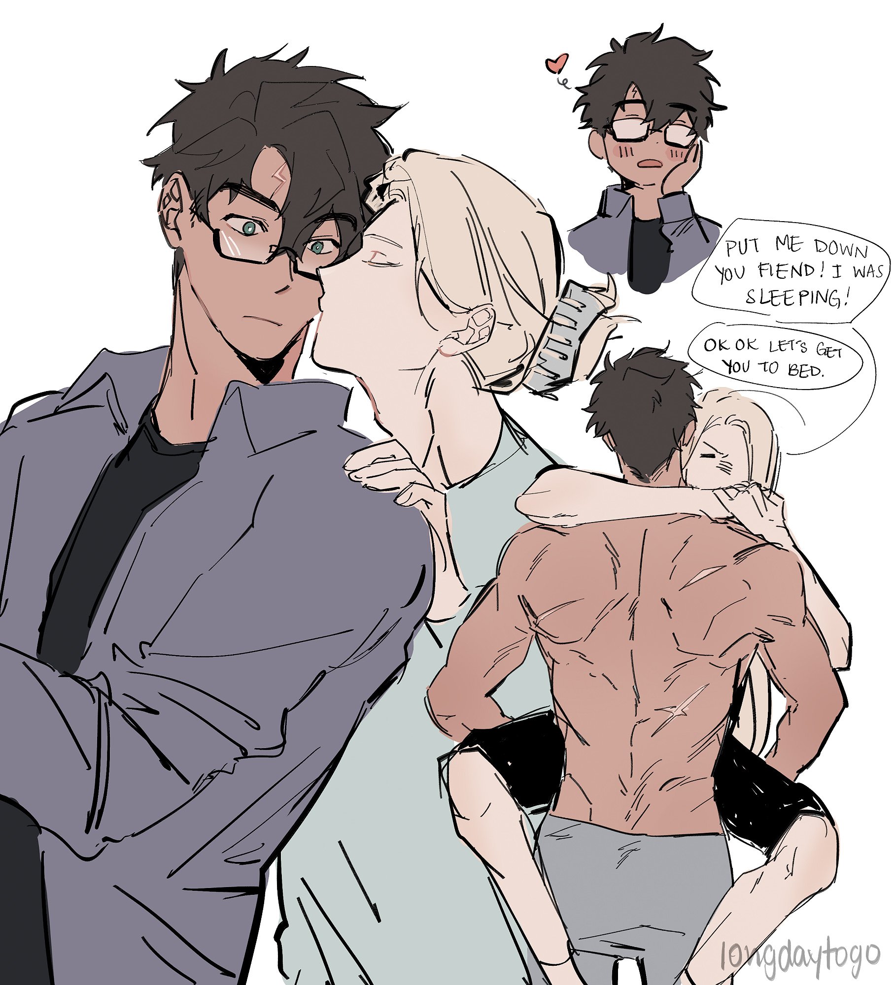 he image is a collection of cute and funny fan art drawings. the main focus is on two characters: a boy with brown hair and glasses kissing a blonde girl who has her arm around his shoulder. another drawing shows a muscular guy carrying a girl on his back; the girl appears to be annoyed. a small chibilike character is seen in the upper right corner. the overall style is reminiscent of manga or anime.  the drawings are digitally created, and the lines are loose and expressive. text bubbles indicate a conversation between the characters.