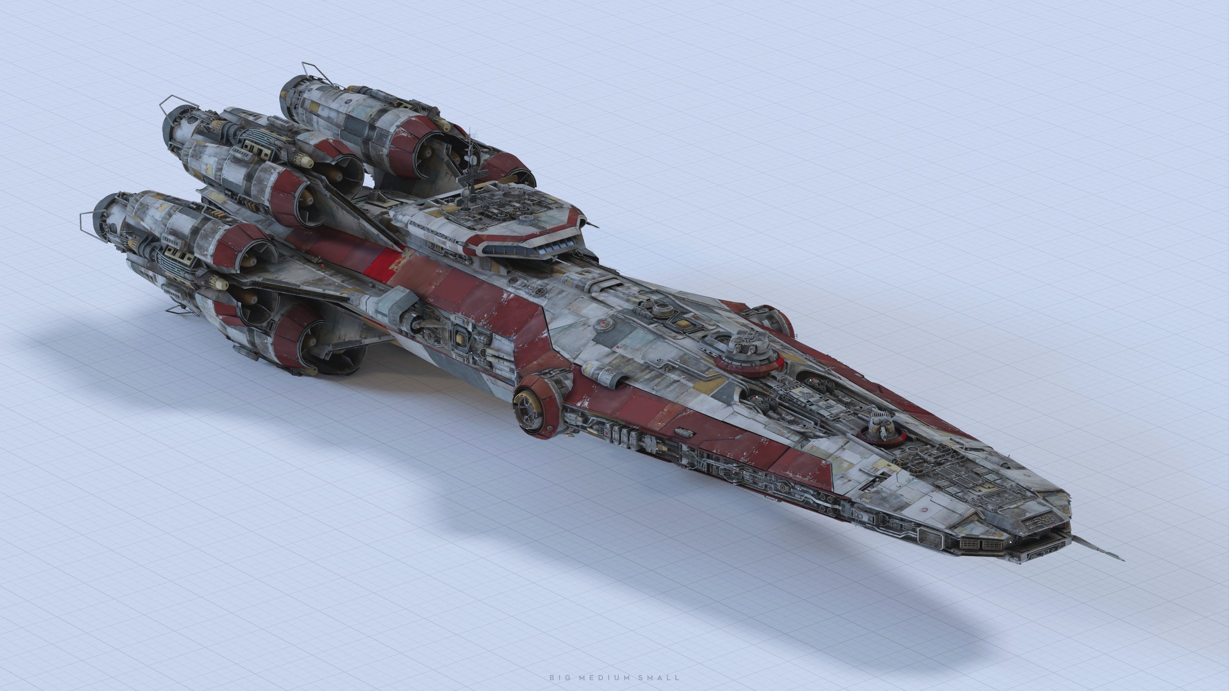 the image is a highquality, detailed 3d render of a large, fictional spaceship.  the ship is predominantly red and white with a heavily weathered appearance, suggesting age and battles fought. it features multiple large engines at the rear, and the design is intricate, showing numerous panels, hatches, and details.  the ship is angled slightly, allowing for a good view of its length and structure. the background is a simple, lightgrey gridded surface, which draws focus to the spaceship itself. the overall style evokes a science fiction setting, possibly military or adventurous in nature. the image looks like concept art for a game or movie.