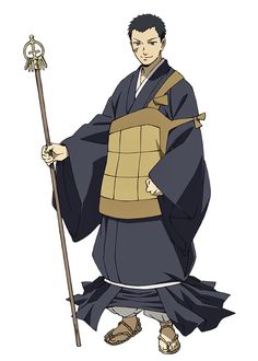 the image shows an anime character. he is a young man, wearing a black kimono, brown sandals, and a white undershirt. he has short black hair and is carrying a staff with a golden orb at the top.