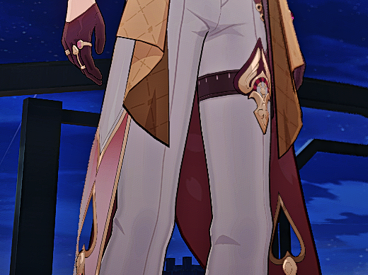 a male anime character from the video game genshin impact. he's standing wearing a long coat and pants. the character is holding a weapon in his right hand and wearing a hat with a ring on his fingers.