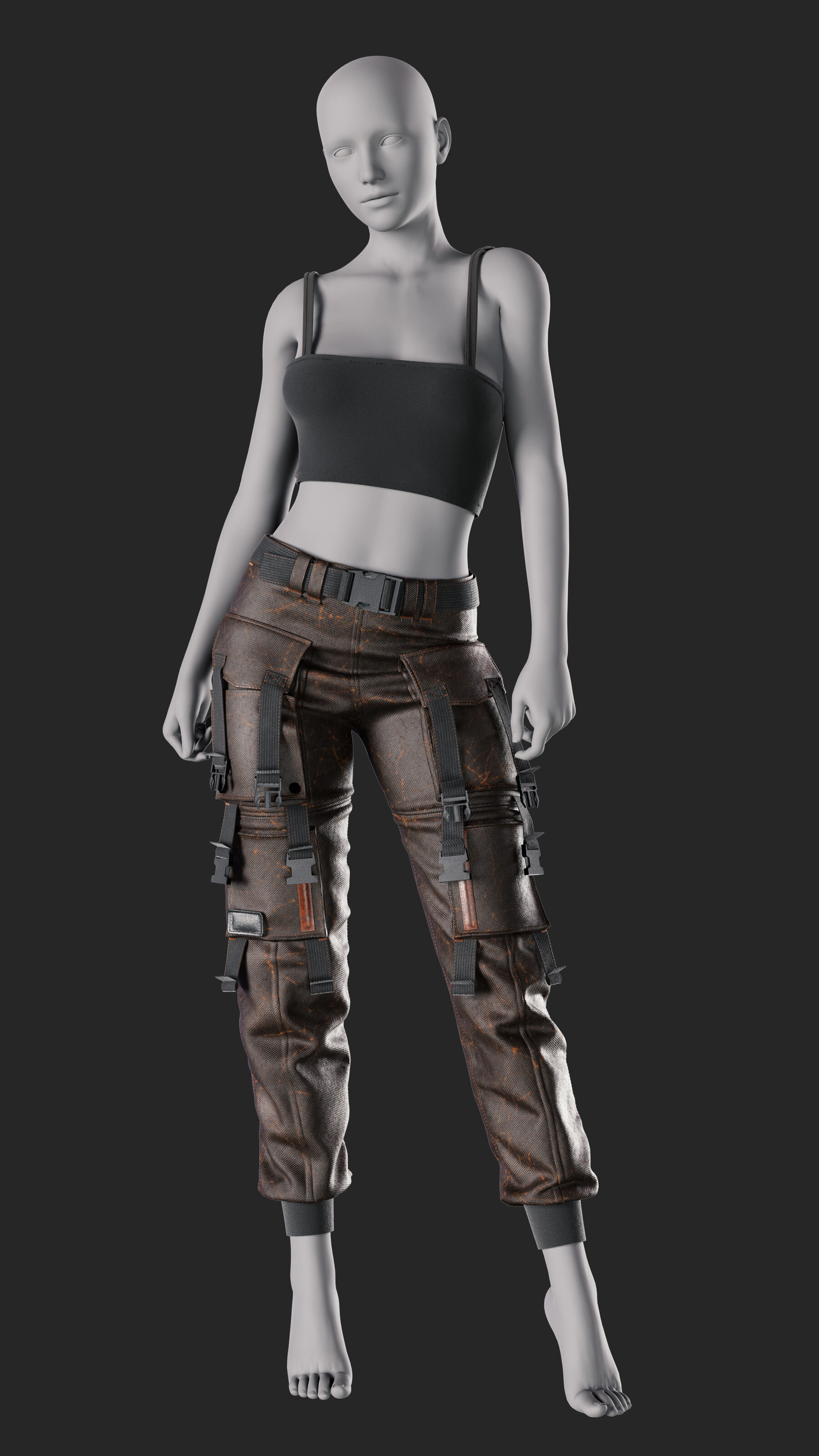 a female mannequin is dressed in a futuristic outfit. she is wearing a brown leather cargo pants with lots of straps and buckles, and a black crop top. her arms are bent at the elbows, and she is standing with her legs slightly spread apart.  the background is a solid grey color.