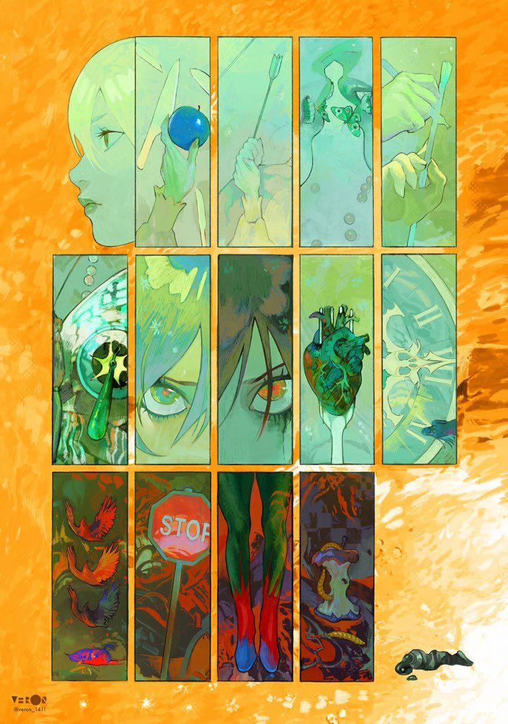 he image is a digital illustration or comicstyle artwork composed of multiple panels, each depicting a different scene or element.  the overall style is surreal and fantastical, with vibrant, almost abstract, use of color, predominantly oranges, greens, and reds.  the background is a warm orange wash.  a central female character with pale skin and blonde hair is featured throughout the panels, along with other symbolic imagery including a stop sign, a heart on a fork, a clock, birds in flight, and various other objects that create a mysterious and dreamlike atmosphere.  the style evokes a feeling of a story unfolding, with the individual panels creating a narrative of sorts. the art is heavily stylized and not photorealistic.