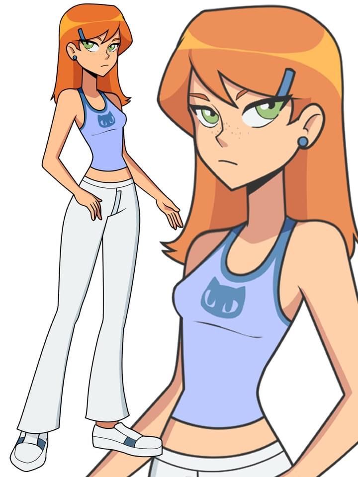 he image features a stylized illustration of gwen tennyson from the ben 10 franchise.  it showcases two perspectives of her: a fullbody view from the side, and a closer, angled view from the chest up.  both versions depict her wearing a light blue tank top with a stylized cat logo, white pants, and white sneakers. her hair is vibrant orange, and she has freckles. the style is reminiscent of anime or cartoon art.  the fullbody image presents her in a casual, standing pose, while the closeup emphasizes her facial features and expression, which is serious yet confident.