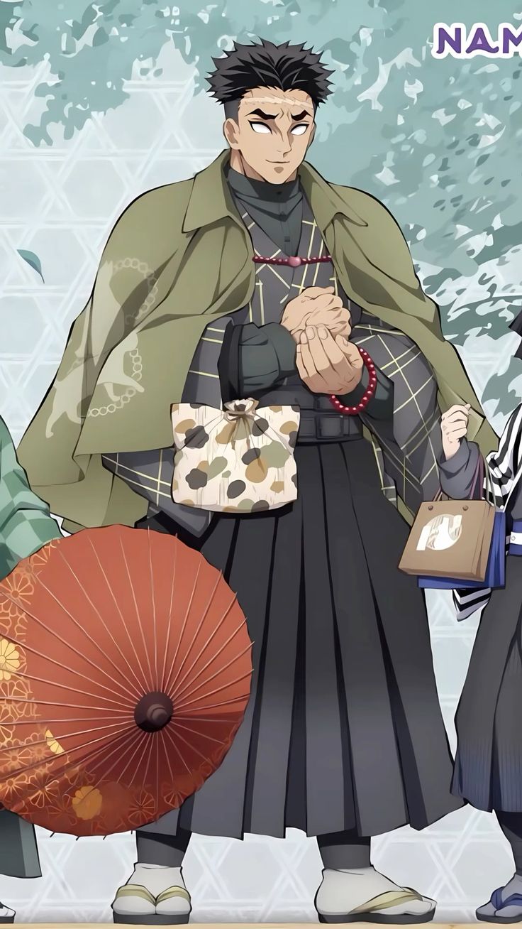 the image showcases a male anime character, likely from the demon slayer series, standing against a backdrop reminiscent of traditional japanese streets. he wears a distinctive green and black patterned kimono and haori, complemented by a brown patterned bag. his confident posture and stern expression hint at a strong personality.  the soft lighting and slight low angle of the image emphasize his presence.