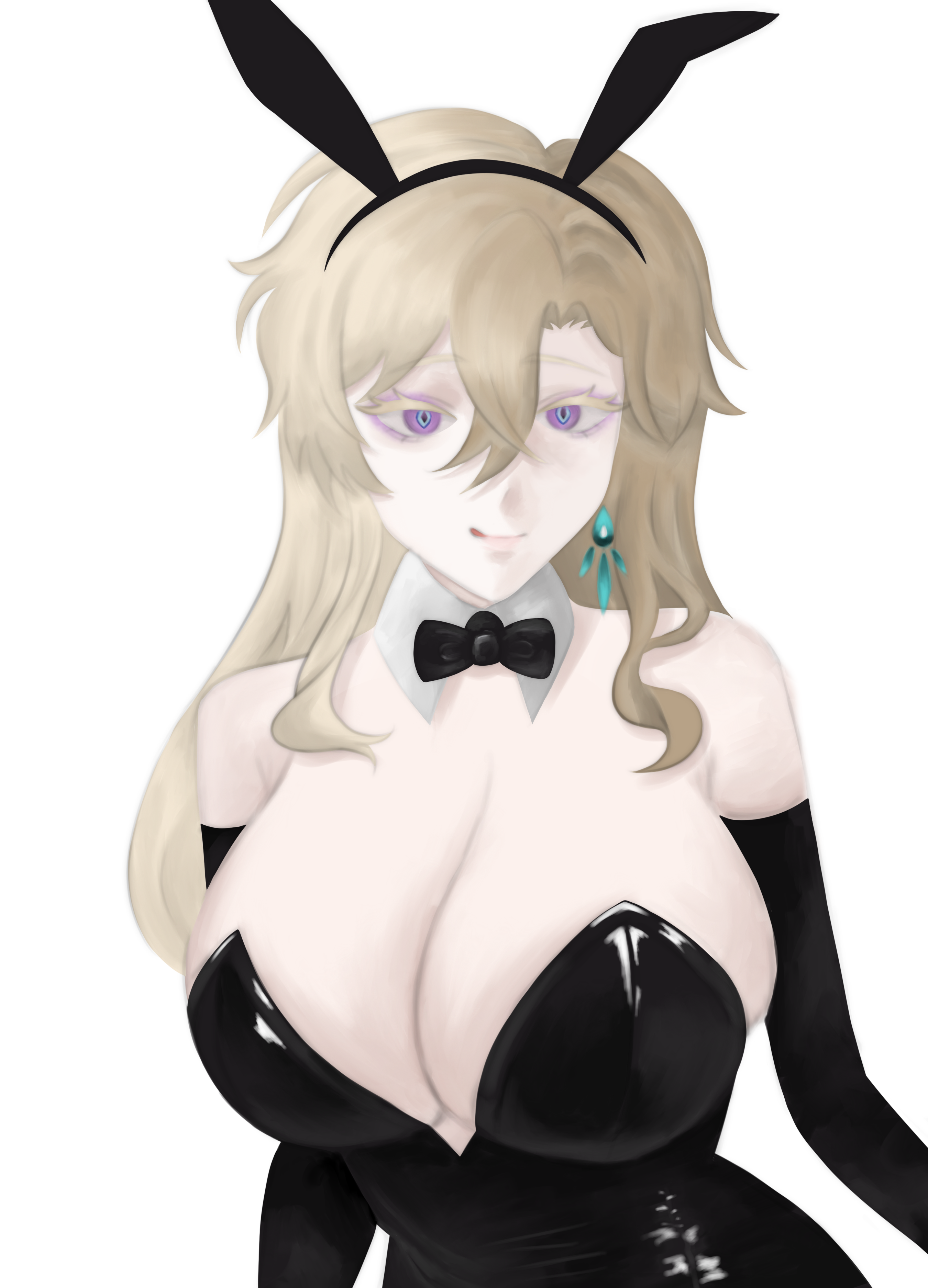 the image is a digital painting or illustration of an animestyle woman dressed as a playboy bunny. she has long blonde hair, purple eyes, and is wearing a black, lowcut bunny costume with a matching bow tie.  she's also wearing black gloves or long sleeves. she has a playful or slightly mischievous expression on her face. the art style is soft and slightly stylized, with a focus on smooth shading and color blending. the background is plain white, drawing attention to the character.