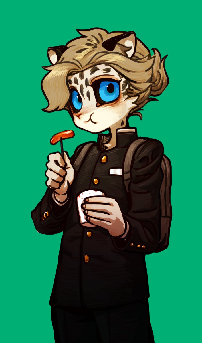 this is a digital illustration of a young anime girl with fur and cat ears, holding a stick of food with one hand and a cup in the other. she is wearing a black school uniform and has blonde hair, blue eyes, and a cat face. the background is green.