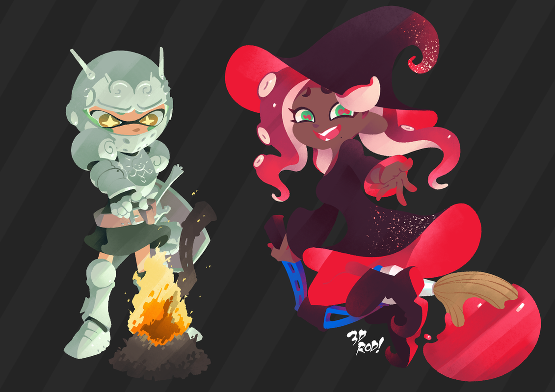 this is a digital illustration of two female inkling characters from the video game splatoon, in different costumes. on the left is an inkling dressed as a knight, wearing white armor with green accents, and holding a sword. she stands near a small fire.  on the right is an inkling dressed as a witch, wearing a black dress with red accents, and holding a broom. she is flying with a red, candy apple shaped object behind her. the background is black with a striped pattern.