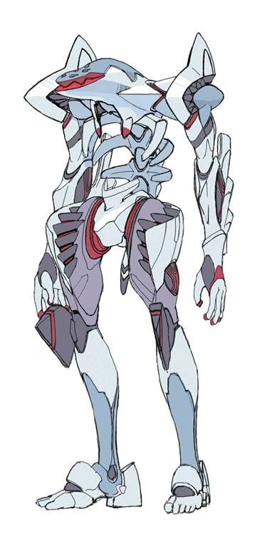this is a sketch of an anime mecha robot. the robot is white and blue with red accents. it has a humanoid form and is standing in a relaxed pose. it appears to be in the middle of a sketch and has digital art strokes.