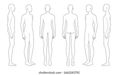 this image shows a human figure template, with several outlines of a male figure in different poses. the template includes front, back and side views of the figure. it is a fashion illustration, ideal for designers to use as a base for their designs.
