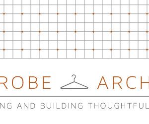 the image shows a logo for a company called "wardrobe architecture." the logo features the words "wardrobe" and "architecture" in a brown serif font, with a simple drawing of a clothes hanger in between them. above the text is a grid pattern with small brown dots at each intersection. below the logo is the text "designing and building thoughtful."