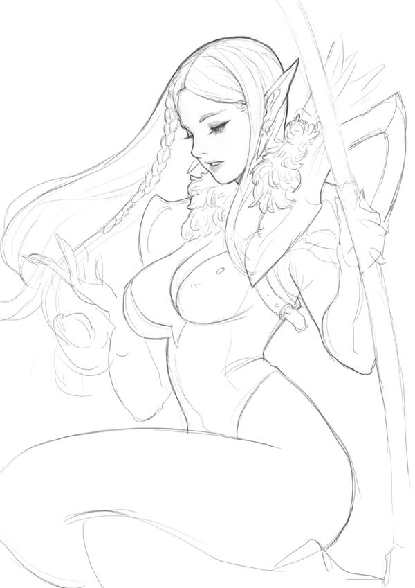 the image shows a sketch of a fantasy female character, likely an elf. she has long flowing hair with a braid, pointed ears, and is wearing a robe that reveals her cleavage. she is depicted sitting down, leaning against a staff or other object. the style of the artwork is similar to anime or manga. it is a detailed line drawing, typical of a figure study.