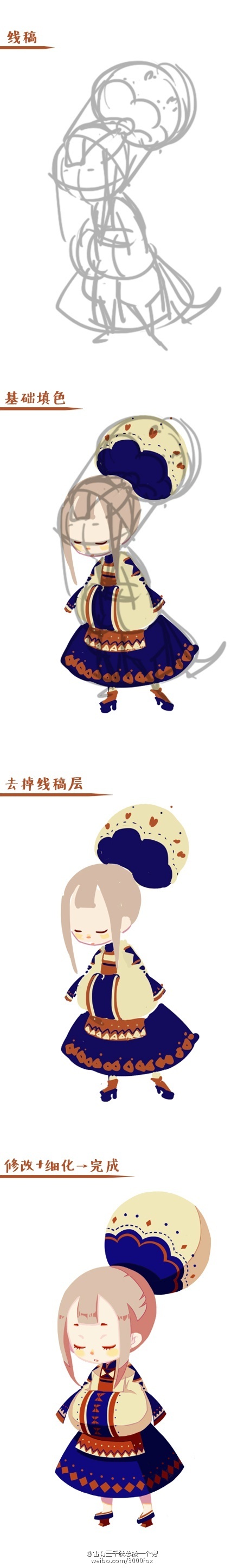 this is a digital illustration showing the steps of creating a character. the character is a young girl wearing a beautiful dress and a hat.  the steps show the progression of the drawing from the outline to the final product. the art is cute, stylish, and has a slightly traditional japanese feel.